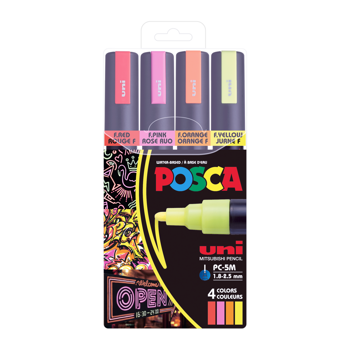 uni® POSCA® PC-5M, Neon Water-Based Paint Markers (4 Pack)