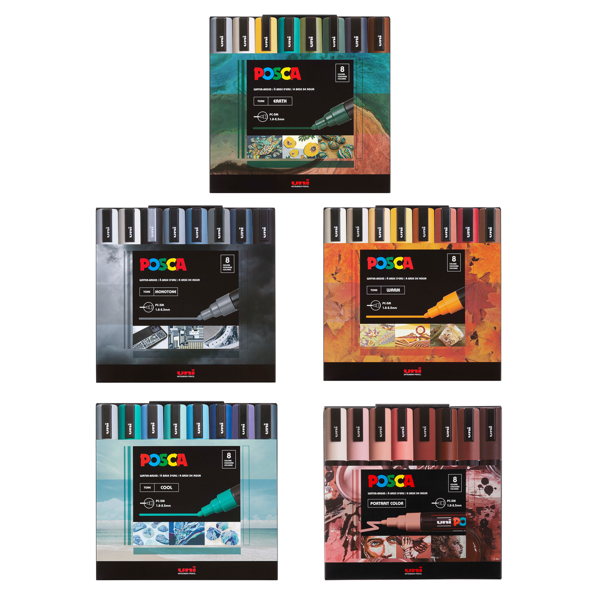 uni® POSCA® PC-5M, Tone Color Bundle Set, Water-Based Paint Markers (Includes 5 Packs)