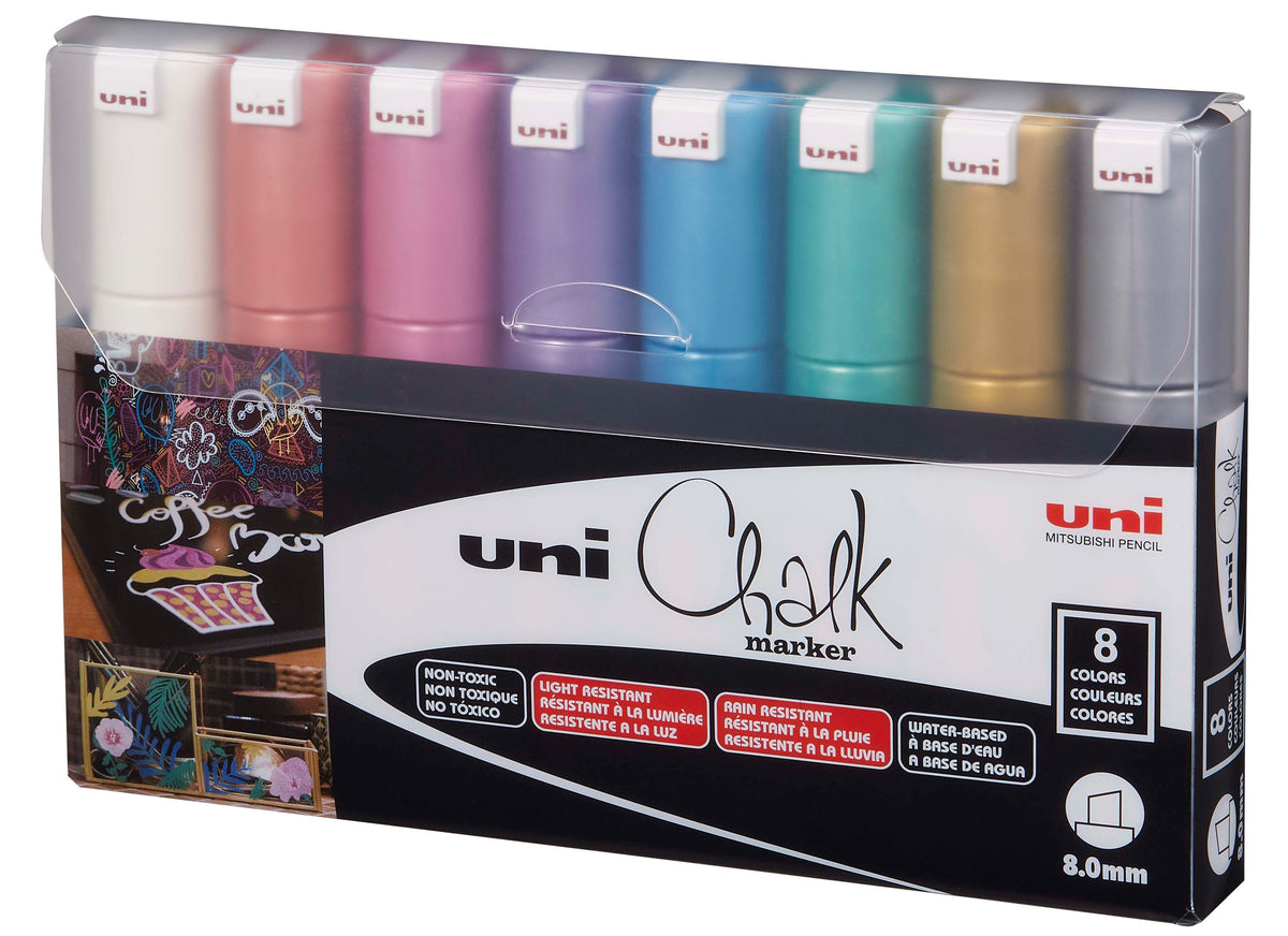 uni Chalk Markers, PWE-8k Metallic Broad Tip Marker - Assorted Color, 8 Pack