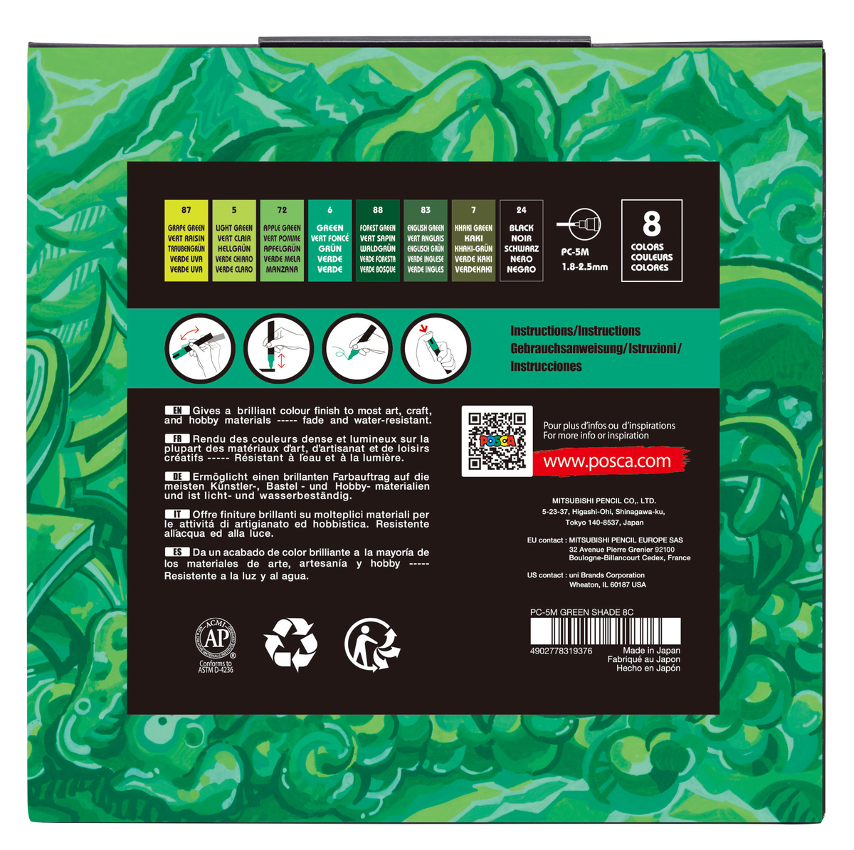 uni® POSCA® PC-5M, Green Shade Water-Based Paint Markers (8 Pack)