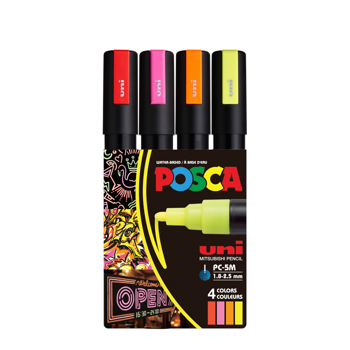 uni® POSCA® PC-5M, Neon Water-Based Paint Markers (4 Pack)