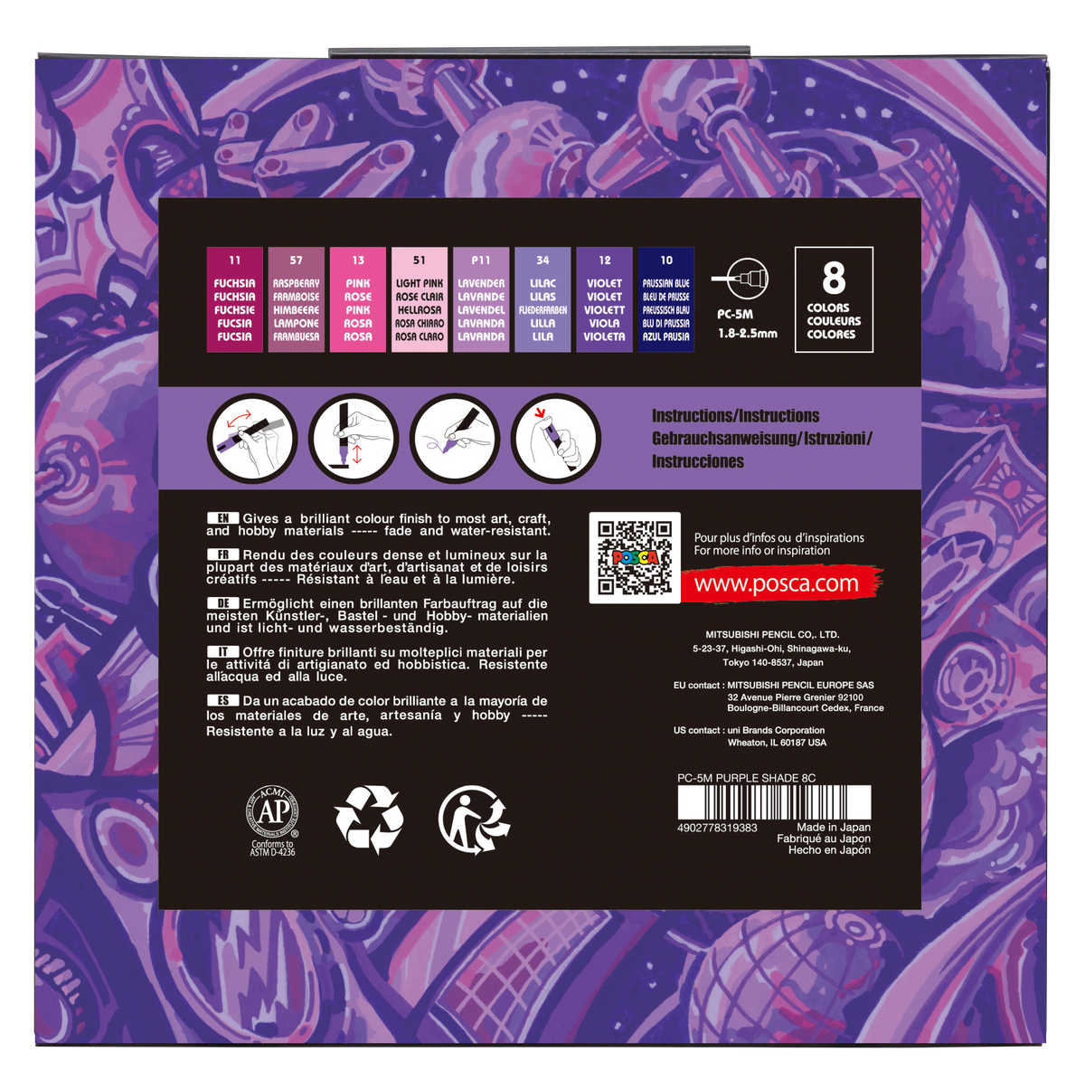 uni® POSCA® PC-5M, Purple Shade Water-Based Paint Markers (8 Pack)