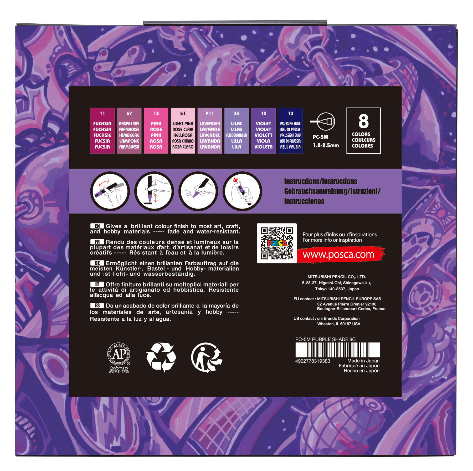 uni® POSCA® PC-5M, Purple Shade Water-Based Paint Markers (8 Pack)